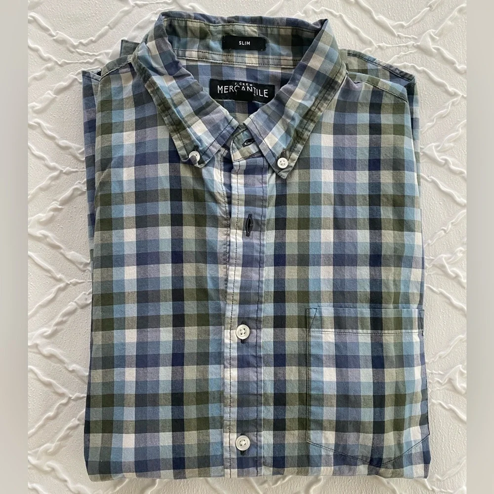 J. Crew - Blue & Green Checkered Plaid Casual Button Down Shirt - Size M